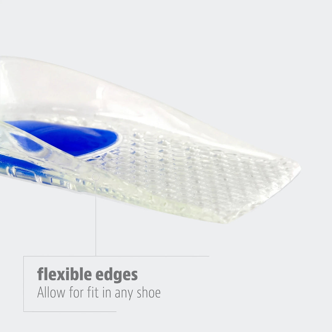 Sof Sole Men's Gel Heel Cup, a clear transparent gel insole with a blue cushioning insert, viewed at an angle.