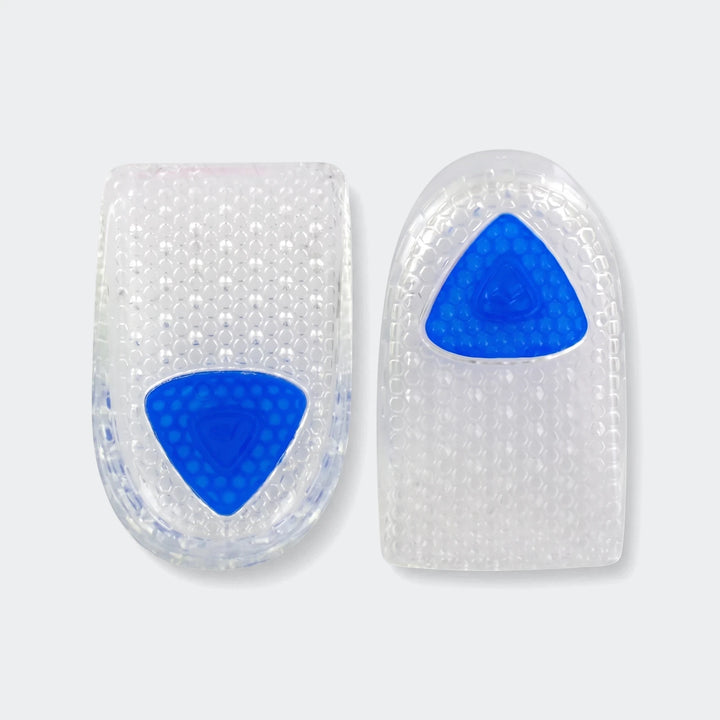 Sof Sole Mens Gel Heel Cup inserts, clear textured gel with blue heel pads, pair shown from top view