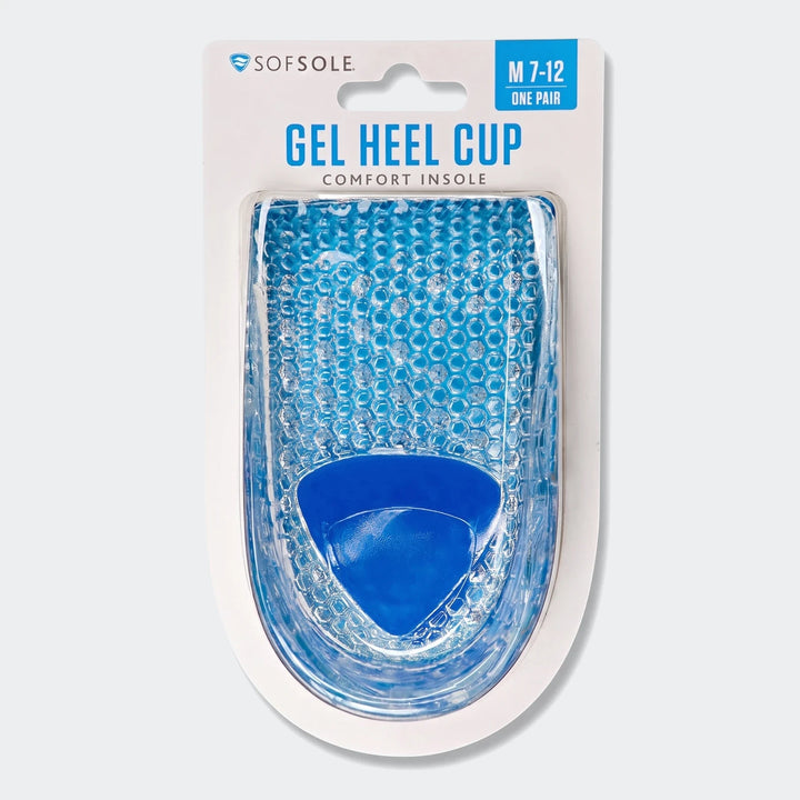 Sof Sole Men's Gel Heel Cup comfort insole in clear and blue gel, displayed in its white and blue retail packaging.