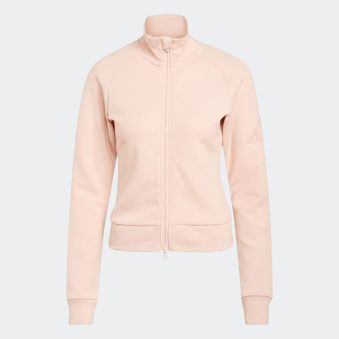 Blush pink Soft Luxe Slim Track Top for women, featuring a high collar, full zipper, and long sleeves with ribbed cuffs.