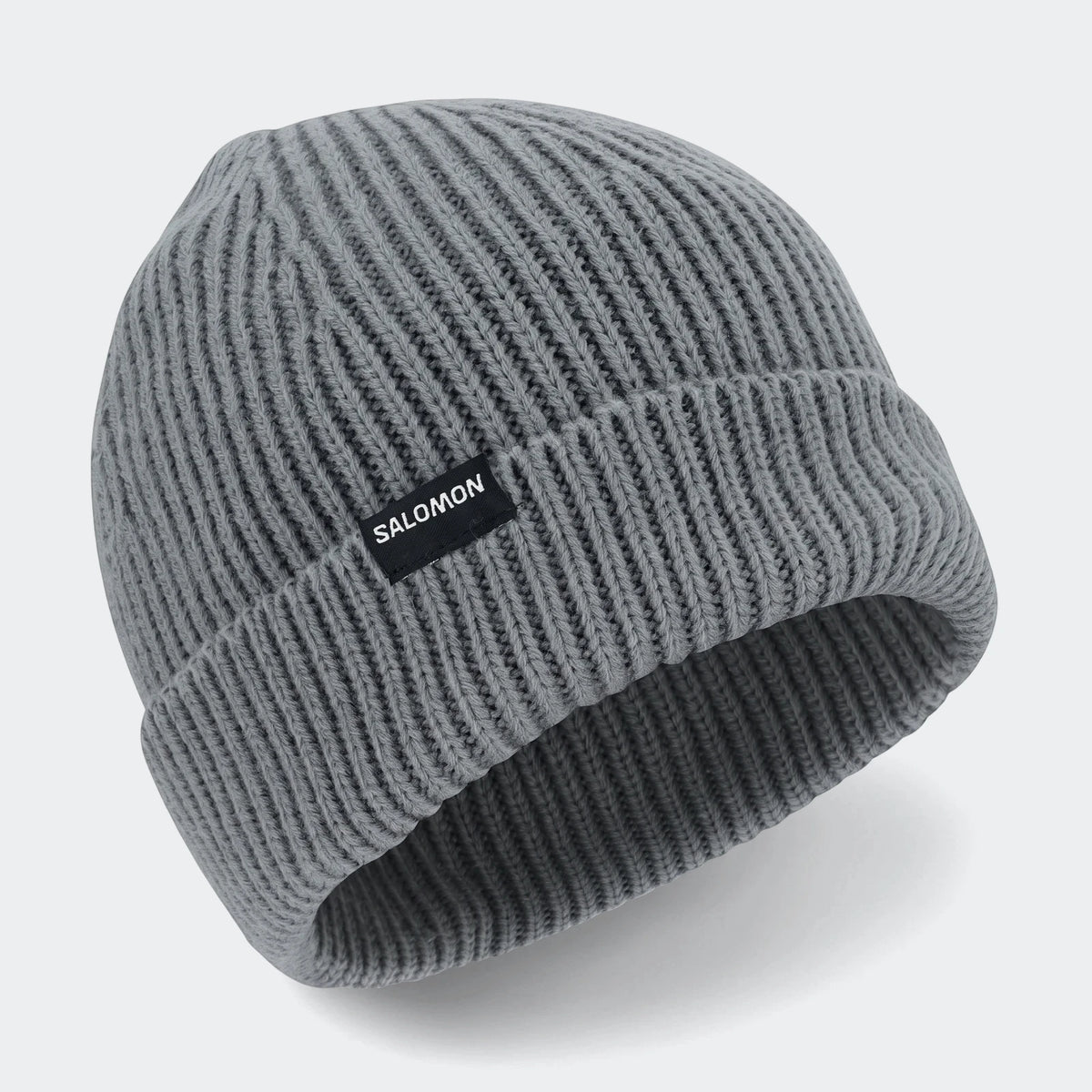 Soloman Moss Beanie Ii gray ribbed knit beanie with folded cuff and Salomon label, side view