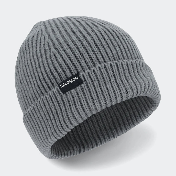 Soloman Moss Beanie Ii gray ribbed knit beanie with folded cuff and Salomon label, side view