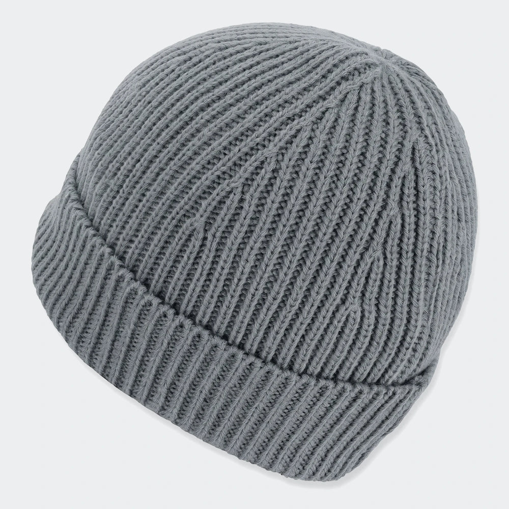 Grey knitted Soloman Moss Beanie Ii, featuring a ribbed texture and folded brim, viewed from an angled perspective.