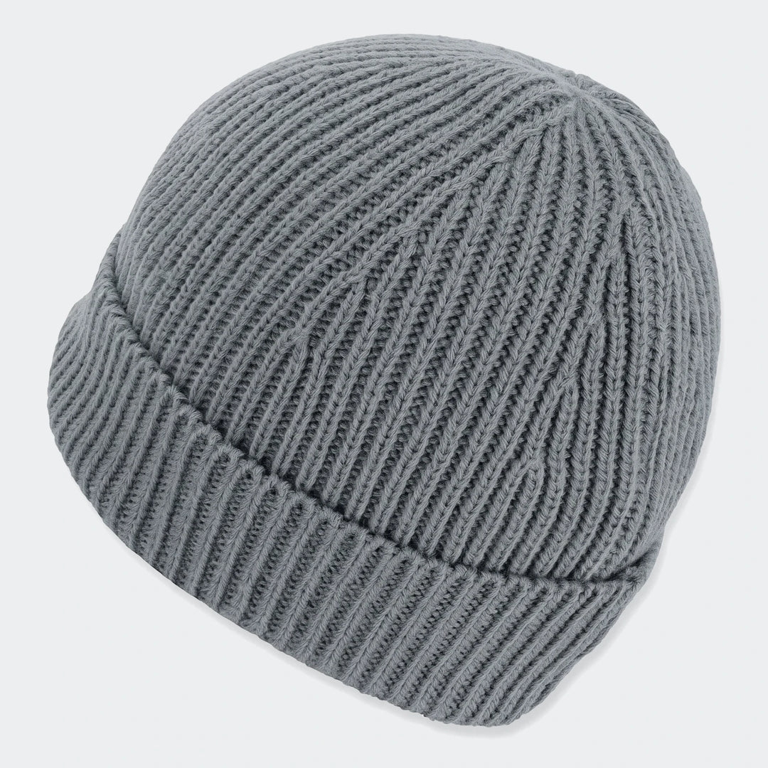 Grey knitted Soloman Moss Beanie Ii, featuring a ribbed texture and folded brim, viewed from an angled perspective.