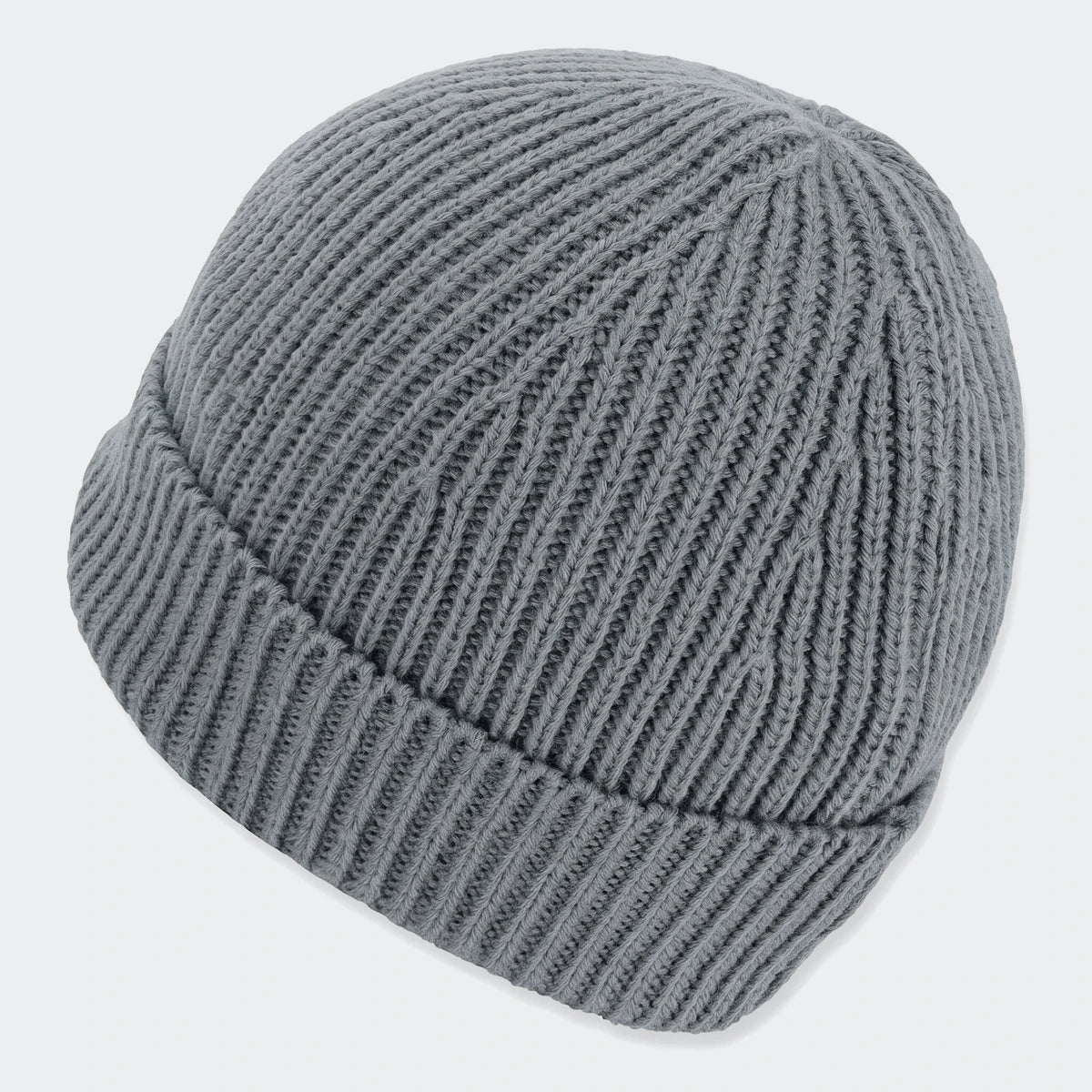Grey knitted Soloman Moss Beanie Ii, featuring a ribbed texture and folded brim, viewed from an angled perspective.