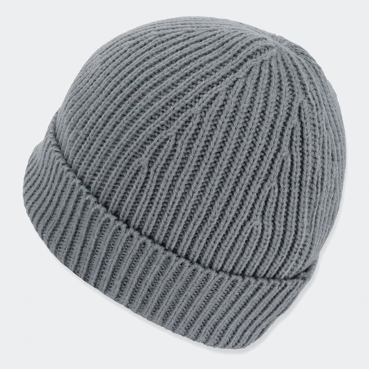 Grey knitted Soloman Moss Beanie Ii, featuring a ribbed texture and folded brim, viewed from an angled perspective.
