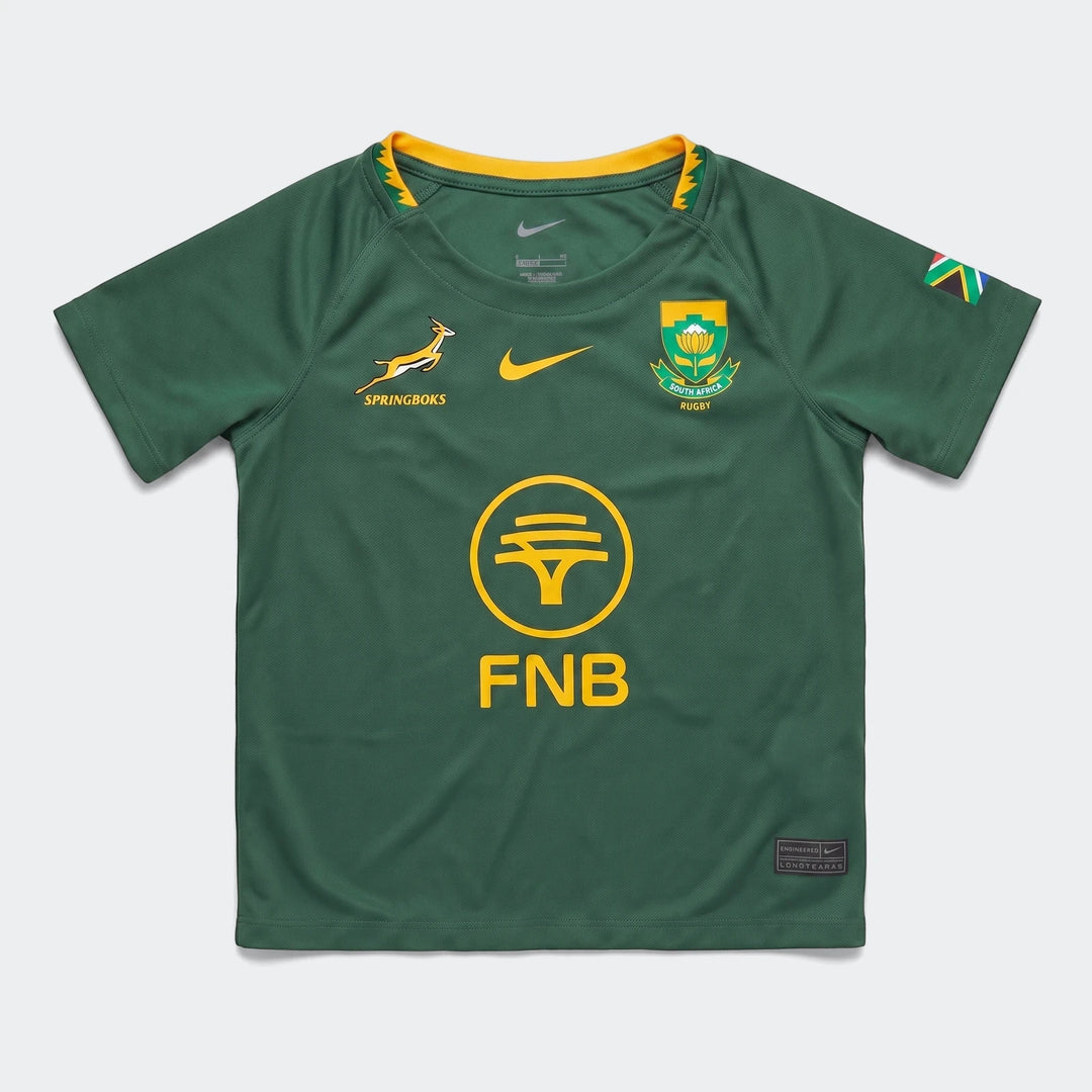 South Africa Springboks youth home rugby kit in green, featuring sponsor logos and team crest on a flat background.