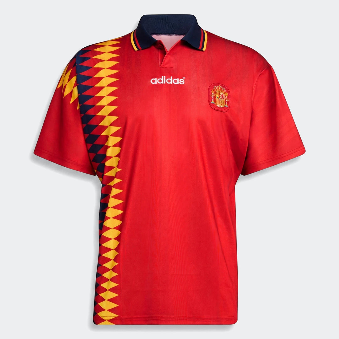 Spain 1994 Retro Home Jersey for men, featuring a red base, short sleeves, and a polo collar with Adidas logo and national