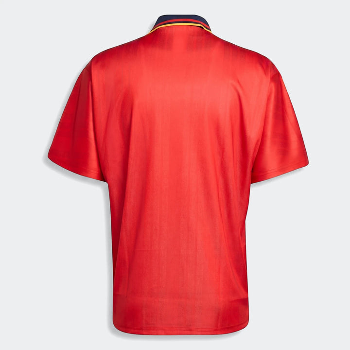 Spain 1994 Retro Home Jersey in vibrant red, featuring a distinctive striped polo collar, back view.