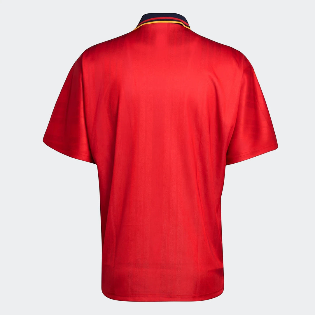 Spain 1994 Retro Home Jersey, a red short-sleeve football shirt with a navy blue polo collar, shown from the back.