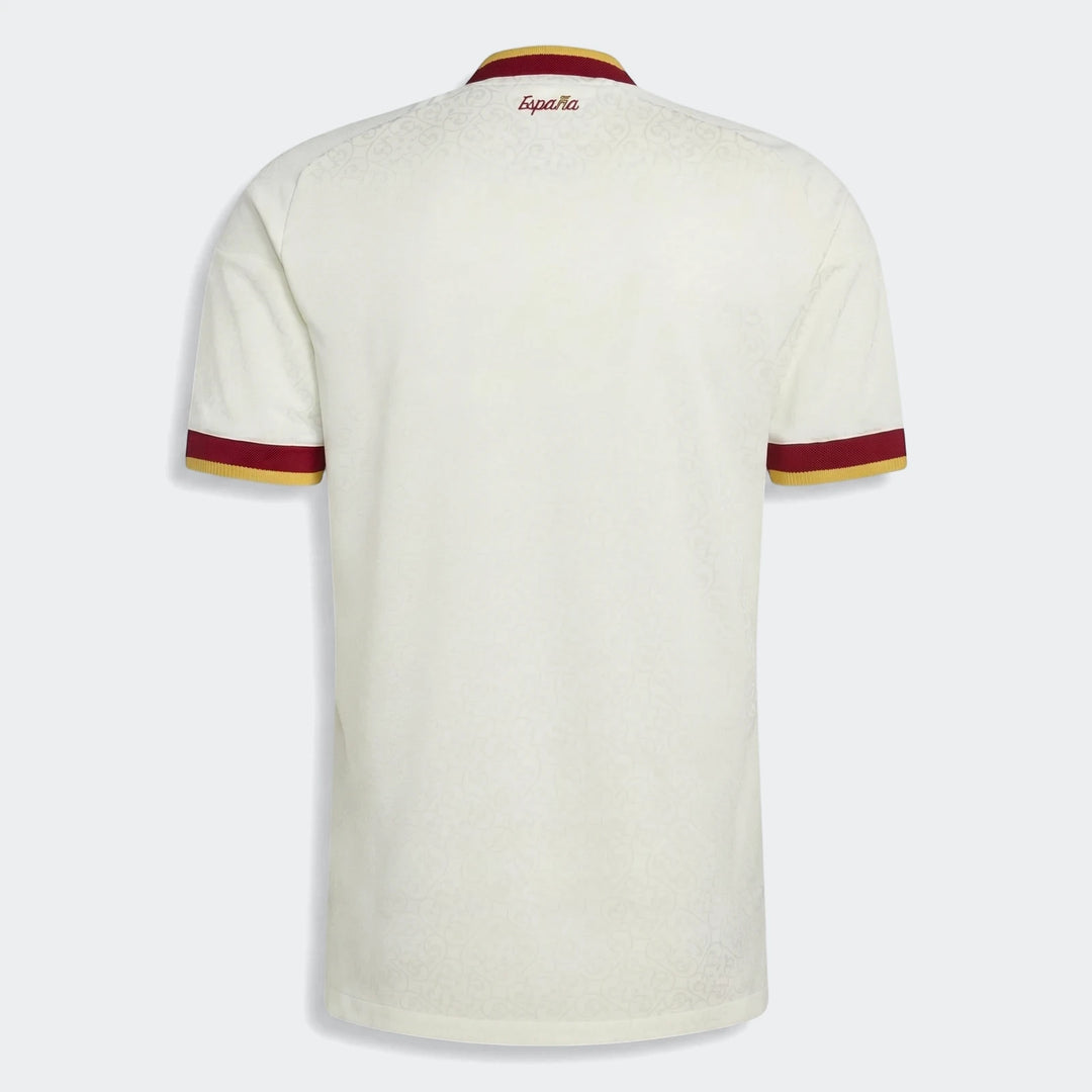 Back view of the Spain 25/26 Authentic Away Jersey, an off-white soccer jersey with red and gold trim.