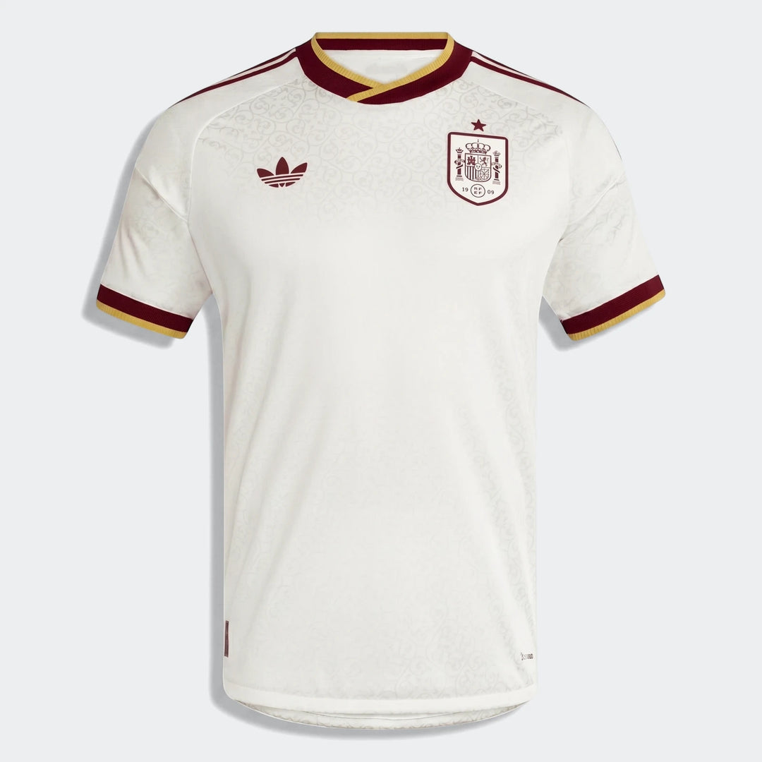 Spain 25/26 Authentic Away Jersey, front view, in white with maroon and gold accents and team crest.