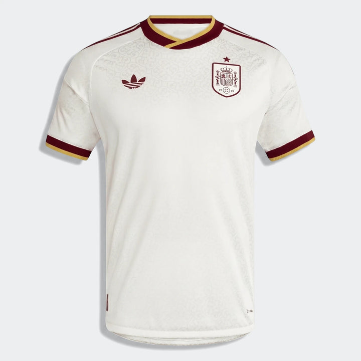 Spain 25/26 Authentic Away Jersey, front view, in white with maroon and gold accents and team crest.