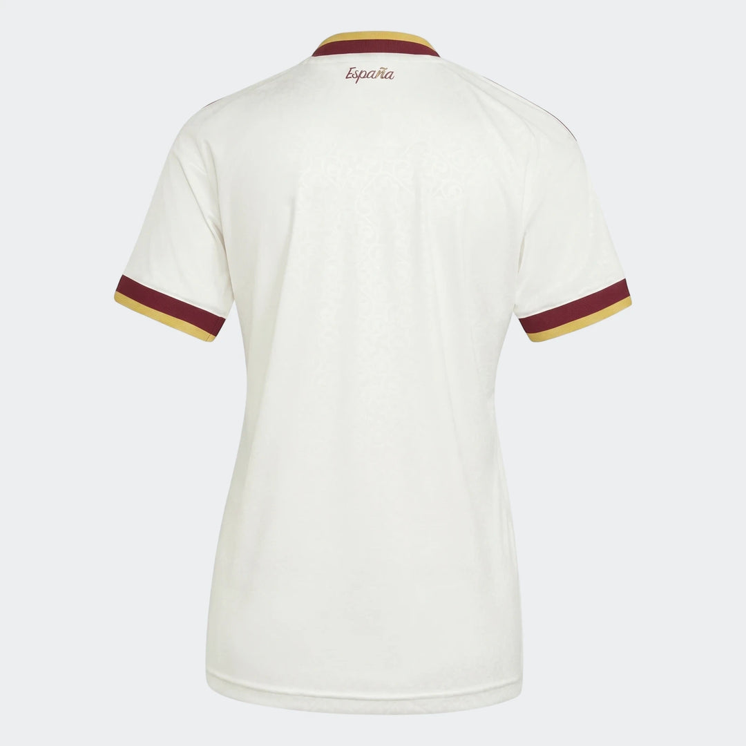 White Spain 25/26 Away Jersey for women, featuring a back view with 'España' text and maroon and yellow striped collar and