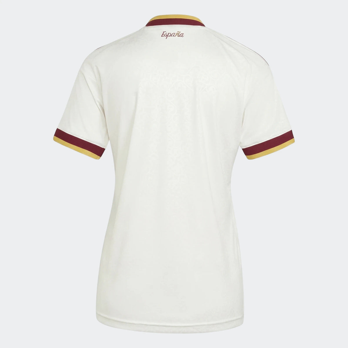 White Spain 25/26 Away Jersey for women, featuring a back view with 'España' text and maroon and yellow striped collar and