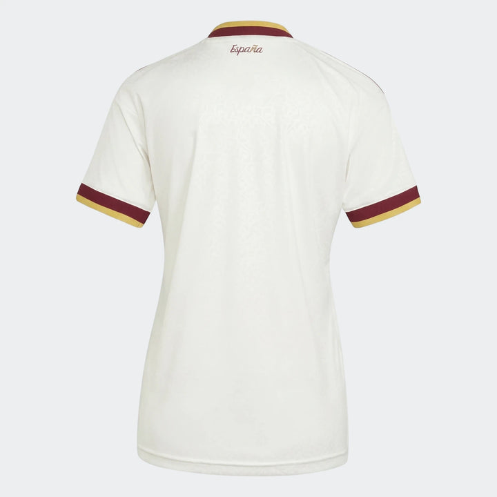 White Spain 25/26 Away Jersey for women, featuring a back view with 'España' text and maroon and yellow striped collar and