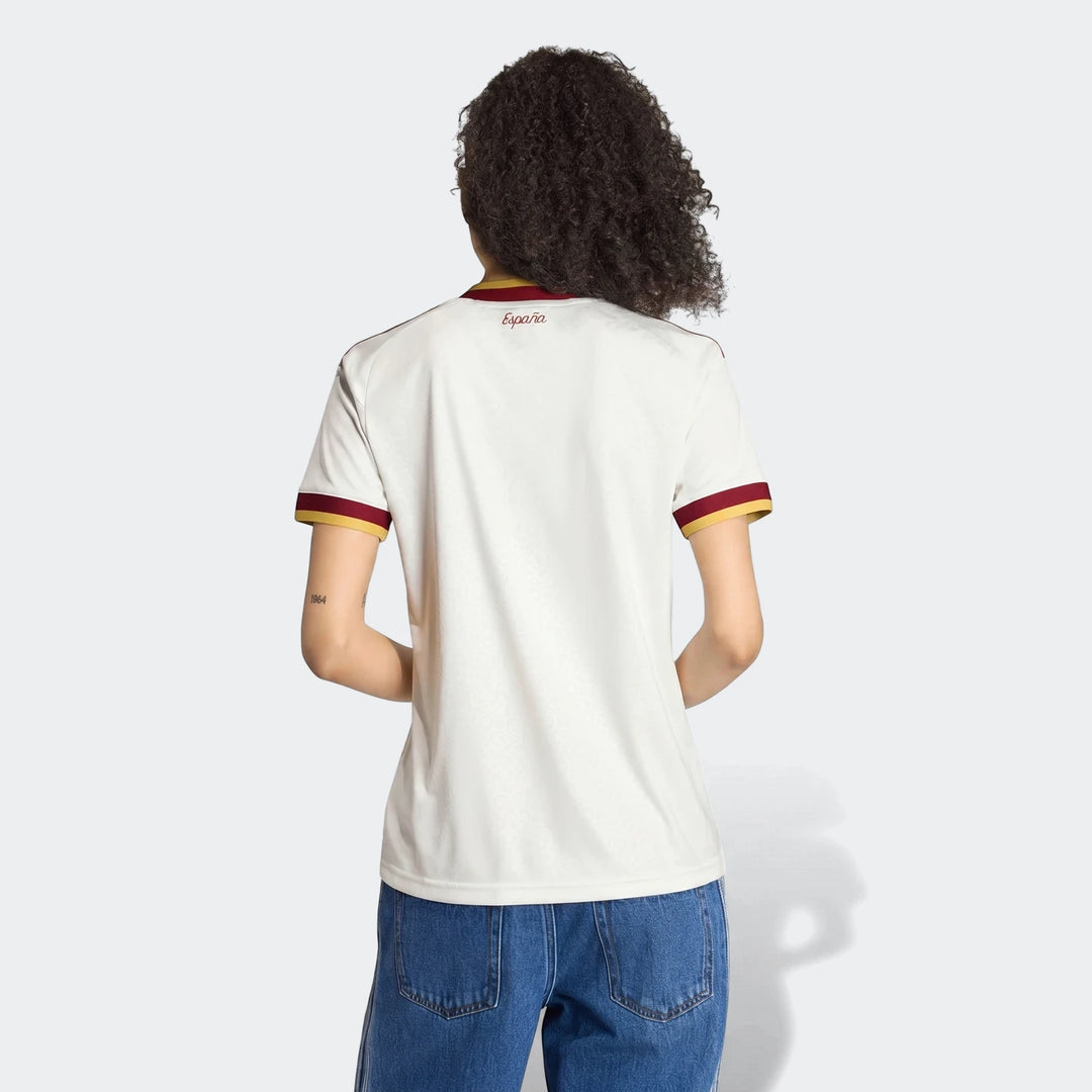Spain 25/26 Away Jersey for women, featuring a white base with red and yellow accents, shown from the back.