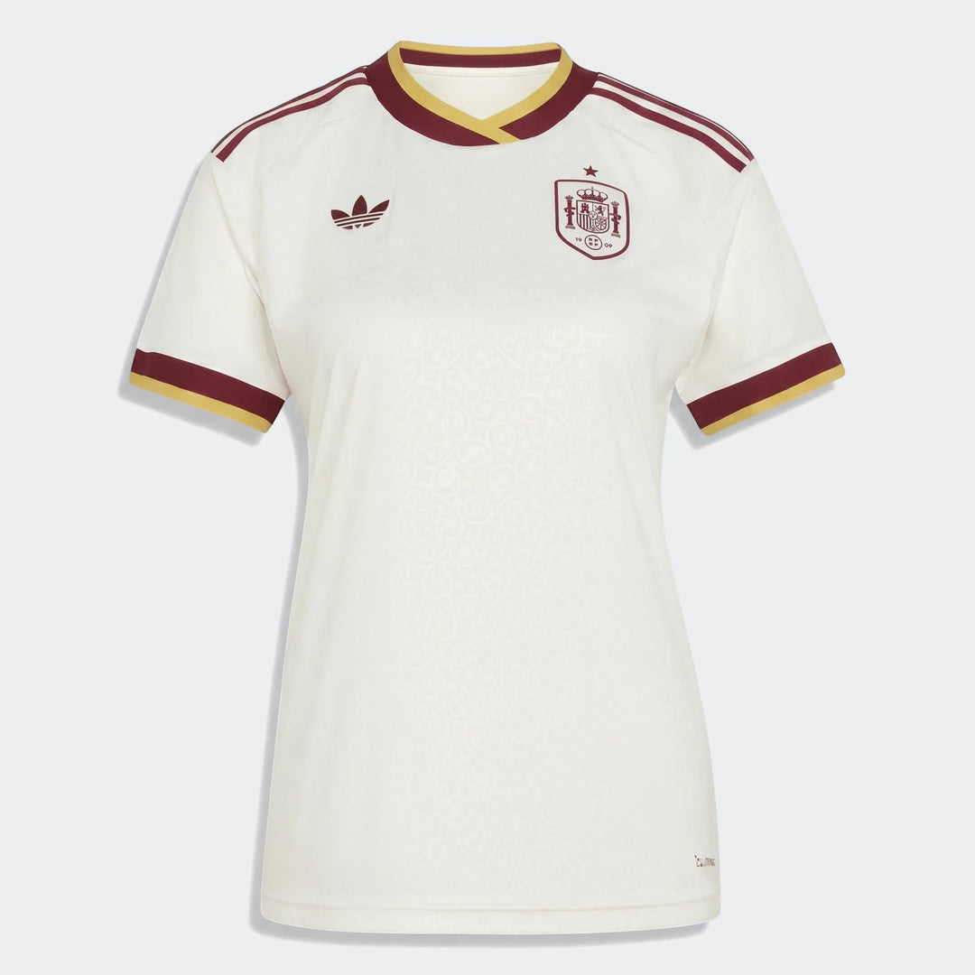 Women's Spain 25/26 Away Jersey in white with maroon and yellow details, featuring the Adidas logo and team crest.