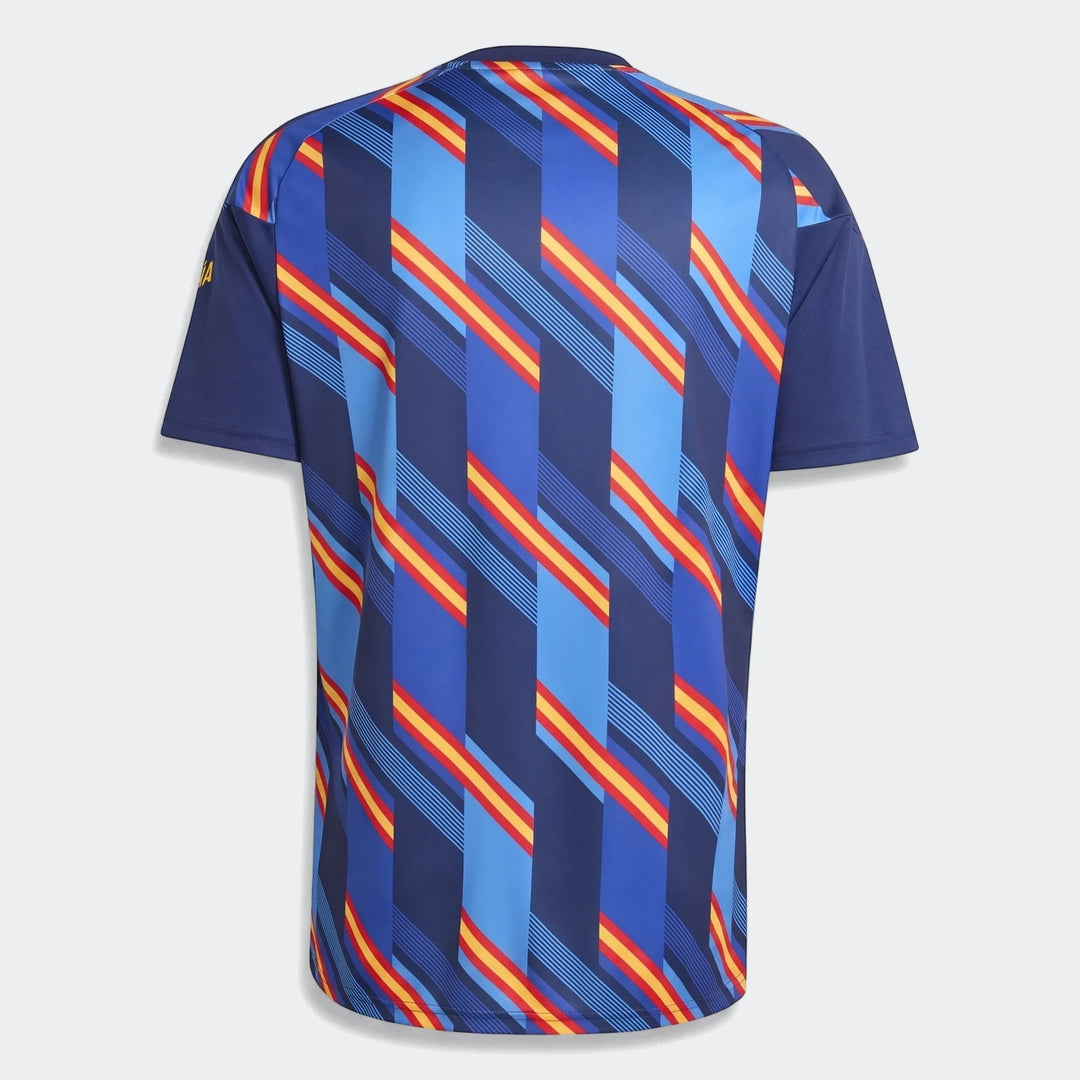 Spain 26 Home Pre Match Jersey, back view, featuring a blue, light blue, red, and yellow striped pattern.