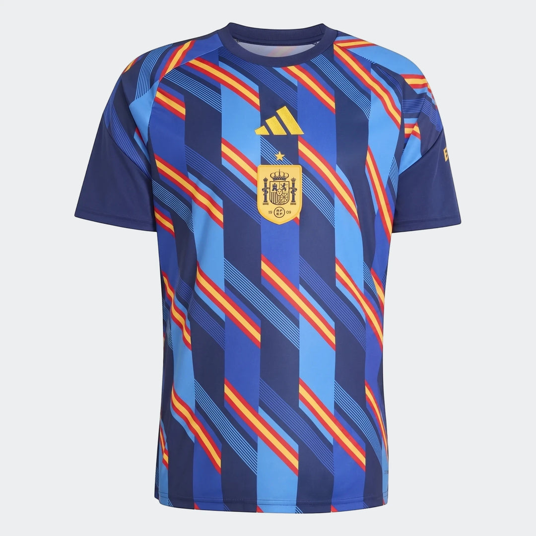 Spain 26 Home Pre Match Jersey in a blue, red, and yellow striped pattern, presented in a front view.