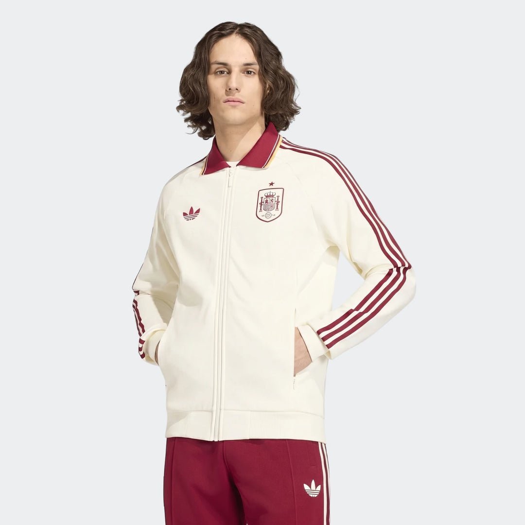 Men's cream and maroon Adidas Spain Away Anthem Jacket with a full zip, featuring the Spain crest, front view.