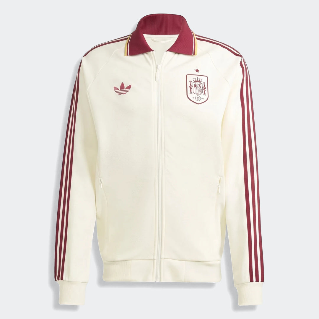 Off-white Adidas Spain Away Anthem Jacket, front view, featuring maroon three stripes, Adidas Trefoil logo, and national