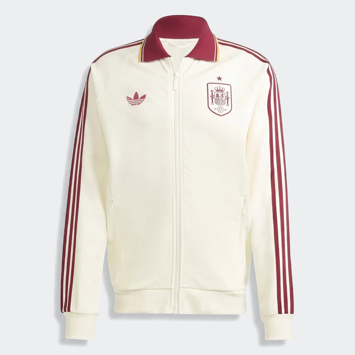 Off-white Adidas Spain Away Anthem Jacket, front view, featuring maroon three stripes, Adidas Trefoil logo, and national