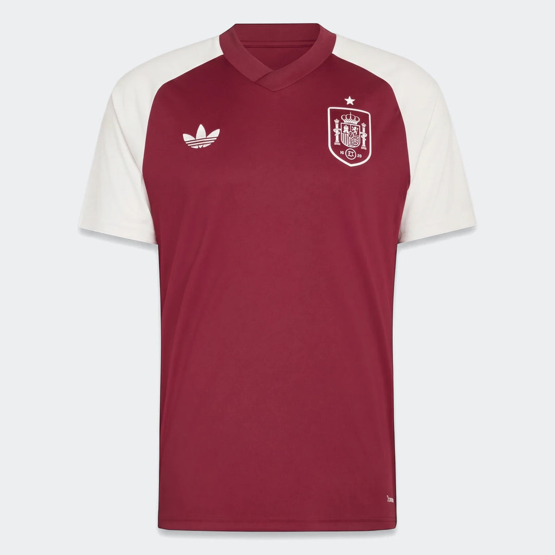 Spain Away Pre-Match Shirt for men, featuring a maroon body, white raglan sleeves, and official team crest.
