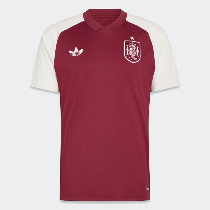 Spain Away Pre-Match Shirt for men, featuring a maroon body, white raglan sleeves, and official team crest.