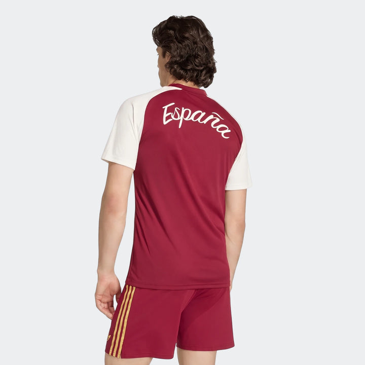 Rear view of a man in a maroon and white Spain Away Pre-Match Shirt with 'España' text and matching shorts with yellow