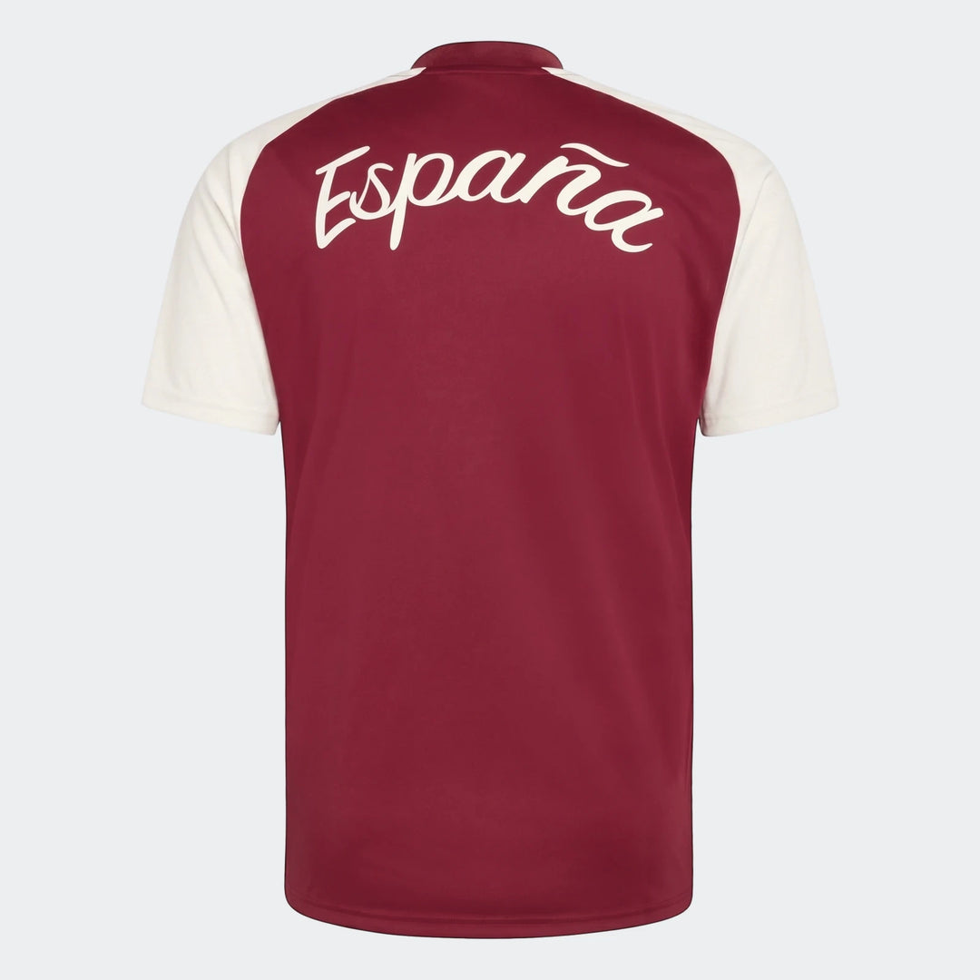 Back view of a maroon and off-white Spain Away Pre-Match Shirt, featuring "España" text across the upper back.