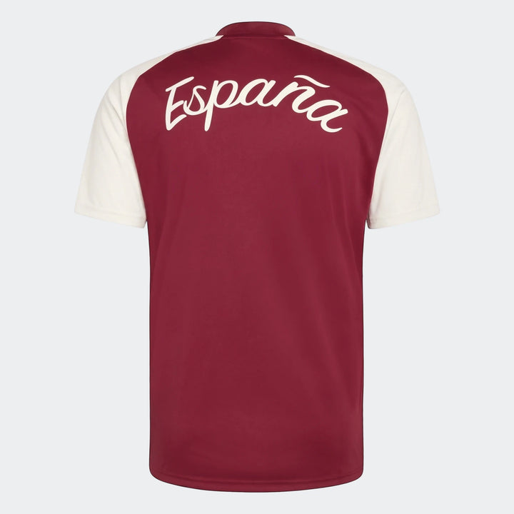 Back view of a maroon and off-white Spain Away Pre-Match Shirt, featuring "España" text across the upper back.