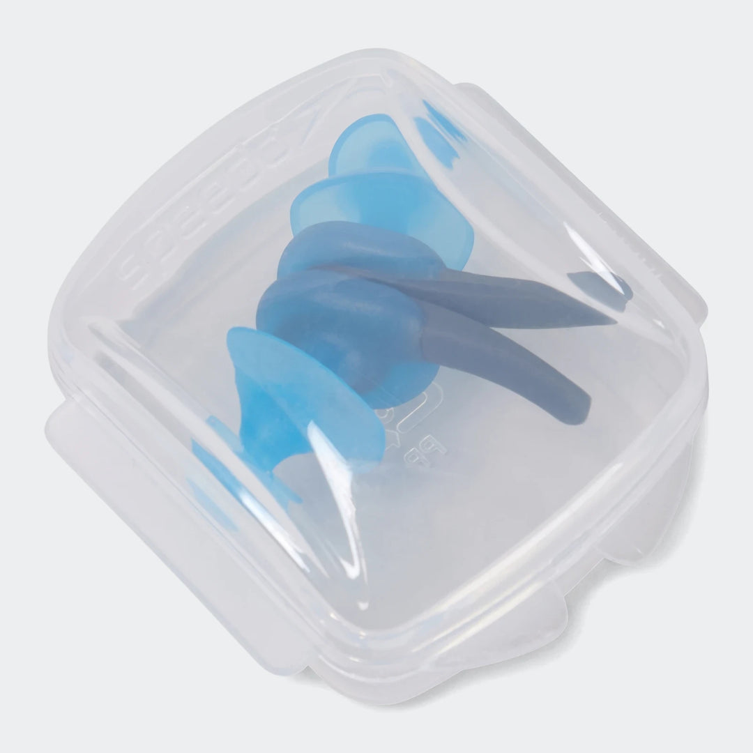 Blue Speedo Biofuse earplugs in a clear plastic case, designed for comfortable ear protection during swimming and water