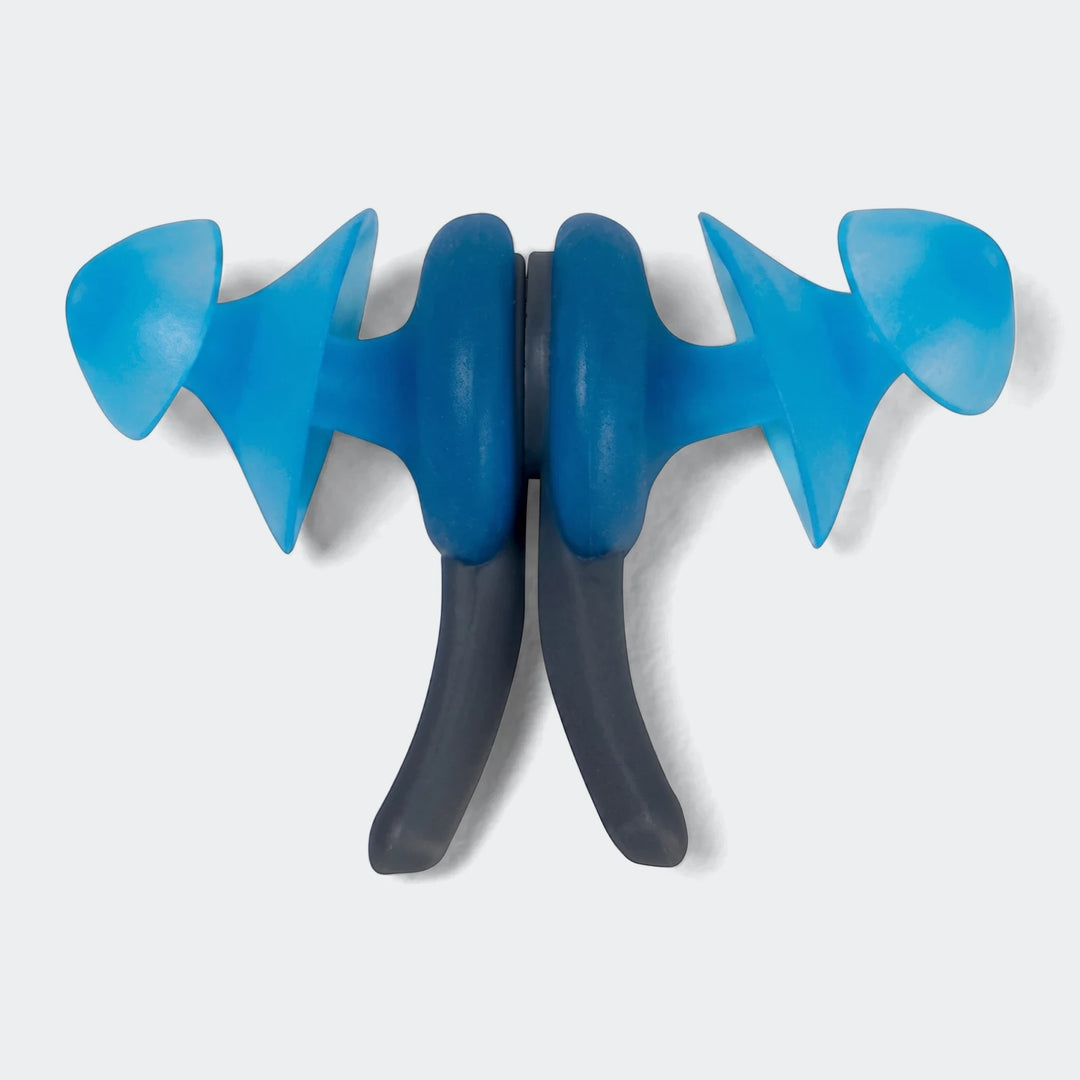 A pair of blue and gray Speedo Biofuse earplugs, made of silicone, designed for swimming and water sports.