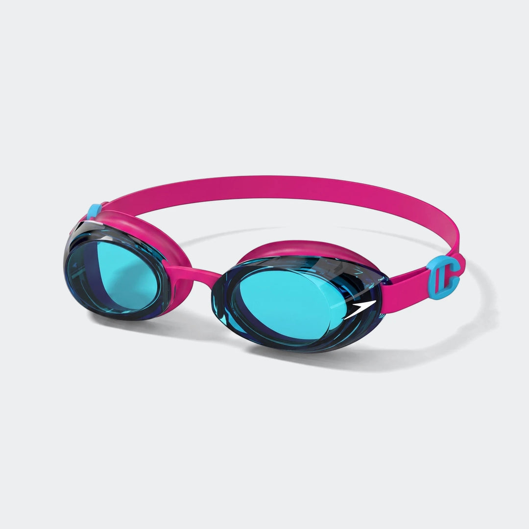 Pink and blue Speedo Jet 2.0 Junior Goggles with clear blue lenses, displayed against a white background.