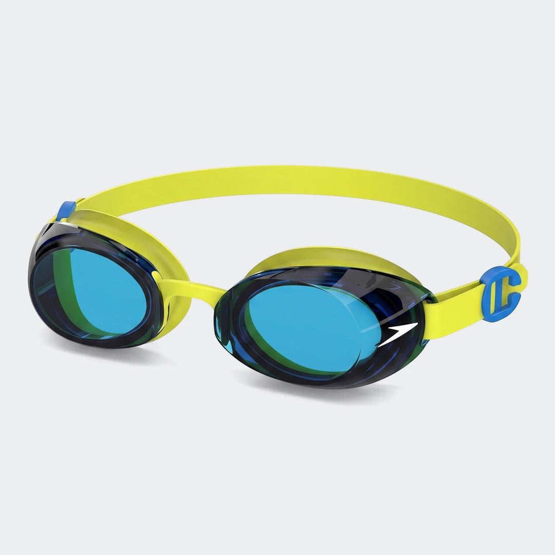Speedo Jet 2.0 Junior Goggle Multi Swimming Goggles featuring a vibrant yellow strap and clear blue anti-fog lenses for