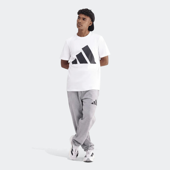 Young man wearing a white Sportswear Badge Of Sport T-Shirt, grey sweatpants, and white sneakers, standing full body.