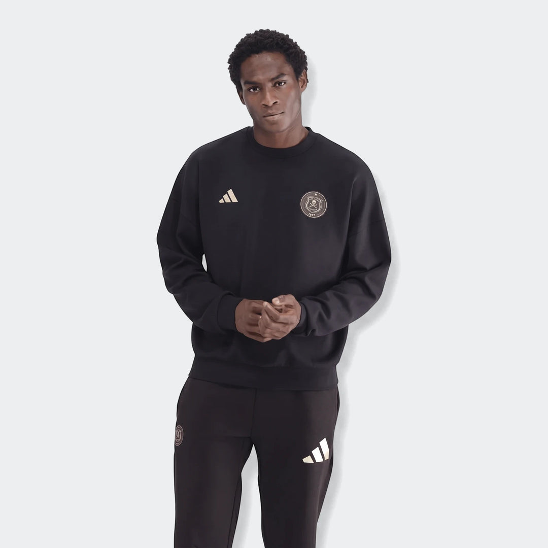 Male model wearing a black Adidas Sportswear Open Hem Future Icons 3-Bar Crew Sweatshirt and matching track pants, full body