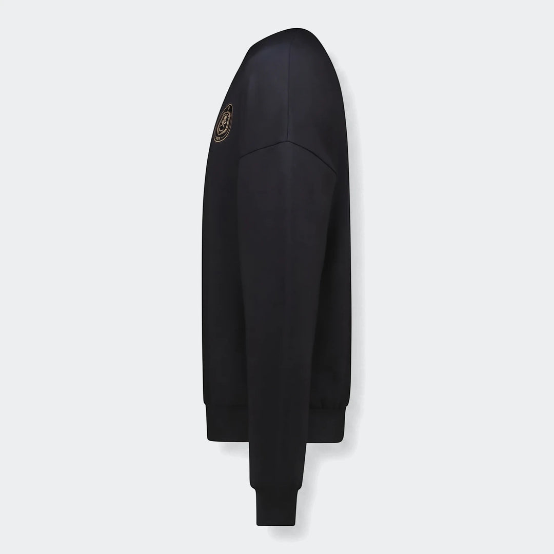 Black Sportswear Open Hem Future Icons 3-Bar Crew Sweatshirt, seen from the side with a prominent logo on the chest.