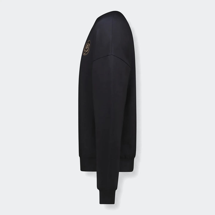 Black Sportswear Open Hem Future Icons 3-Bar Crew Sweatshirt, seen from the side with a prominent logo on the chest.