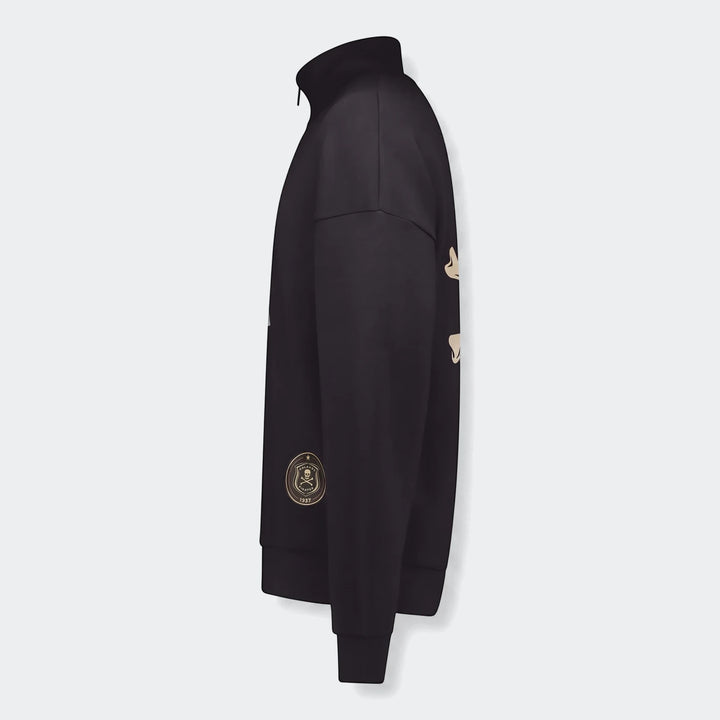 Black Sportswear Open Hem Future Icons Half-Zip Sweatshirt, side view, featuring a high collar and a distinctive emblem on