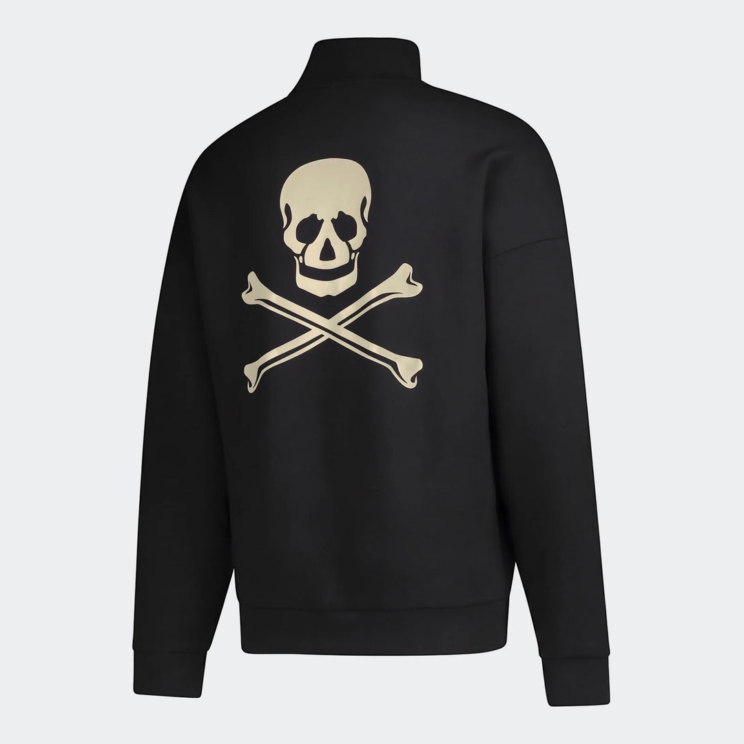 Sportswear Open Hem Future Icons 3-Bar Half-Zip Sweatshirt in black, shown from the back with a prominent skull and