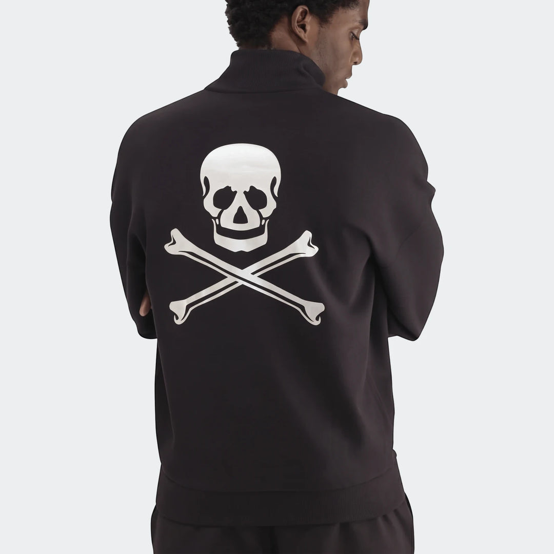 Black Sportswear Open Hem Future Icons 3-Bar Half-Zip Sweatshirt with skull and crossbones graphic on back, worn by man.