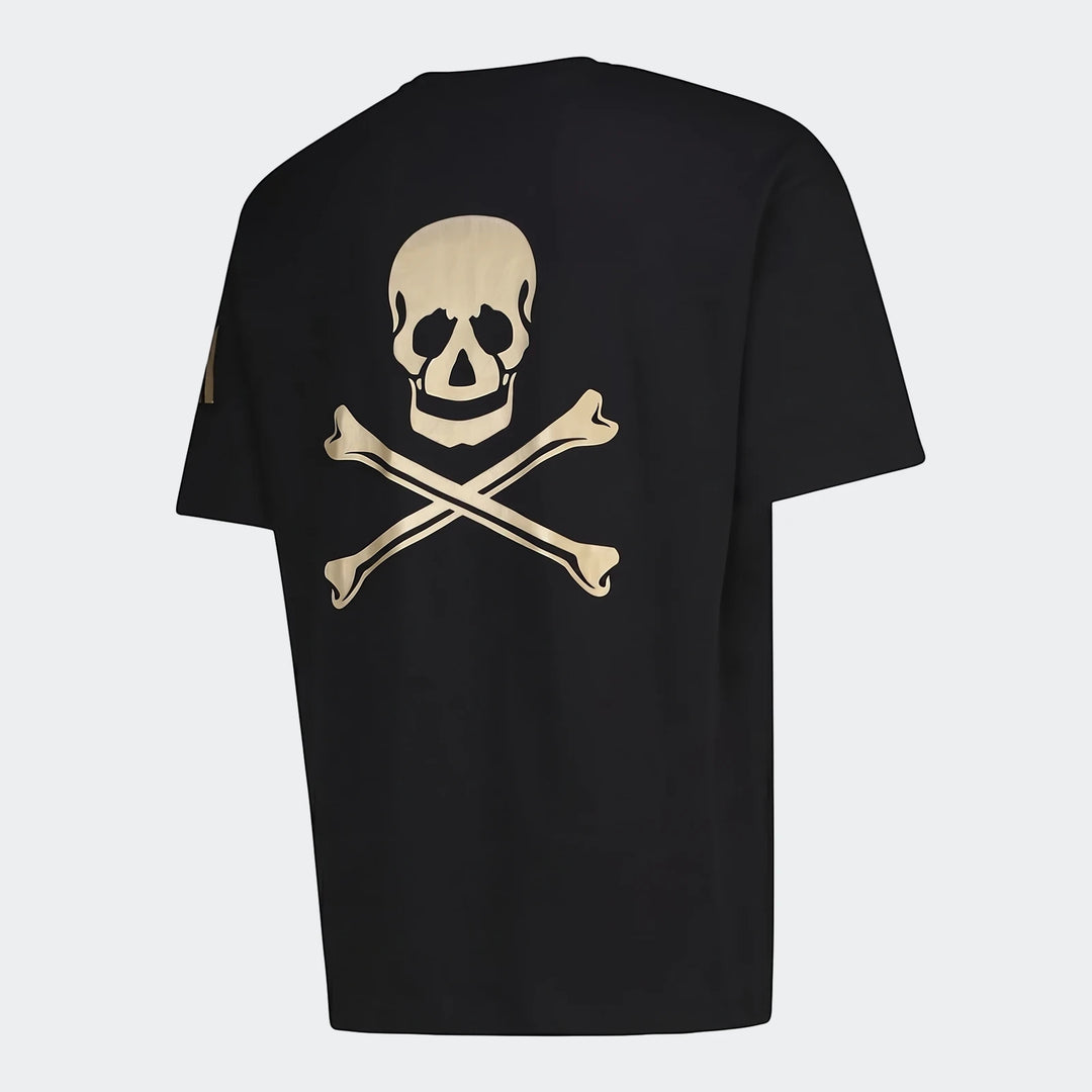 Black Sportswear Open Hem Single Jersey T-Shirt featuring a prominent beige skull and crossbones graphic on the back.