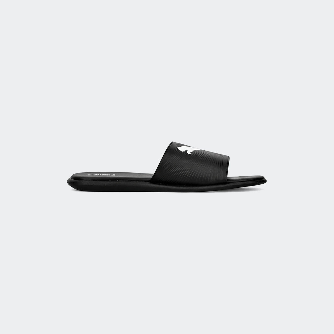 Sporty Embossed 2.0 Slide Black Slides shown in side view with black embossed strap and cushioned sole.