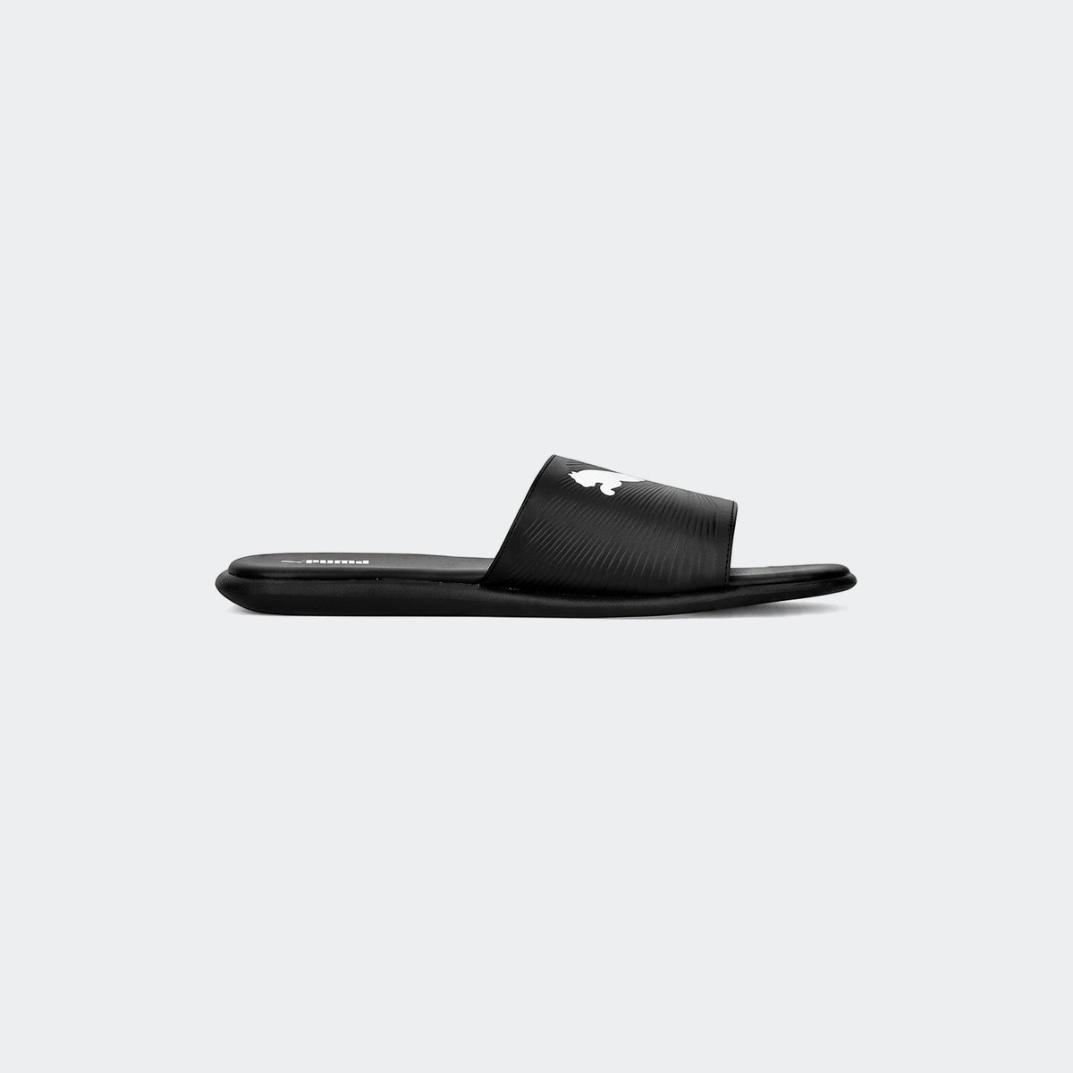 Sporty Embossed 2.0 Slide Black Slides shown in side view with black embossed strap and cushioned sole.