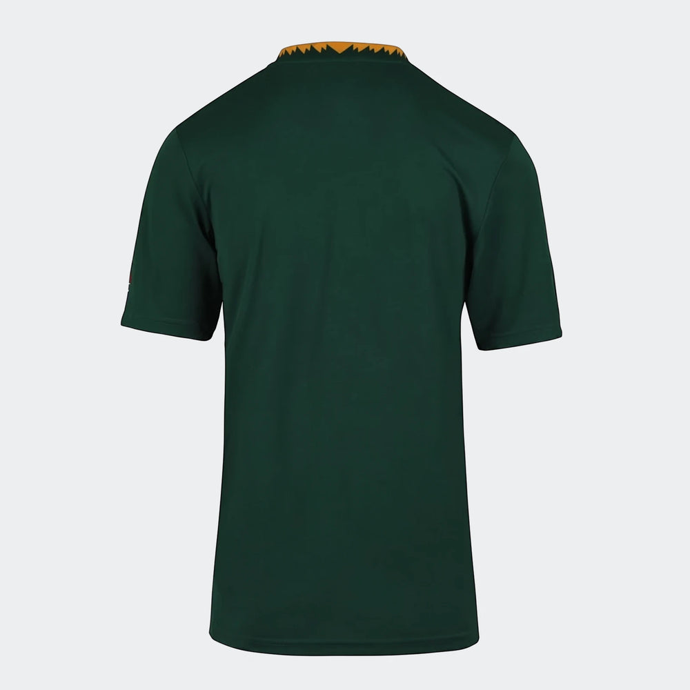Green short-sleeve Spr Ynk Stdm Ss Jsy Hm jersey, shown from the back, highlighting the dark green fabric and unique collar