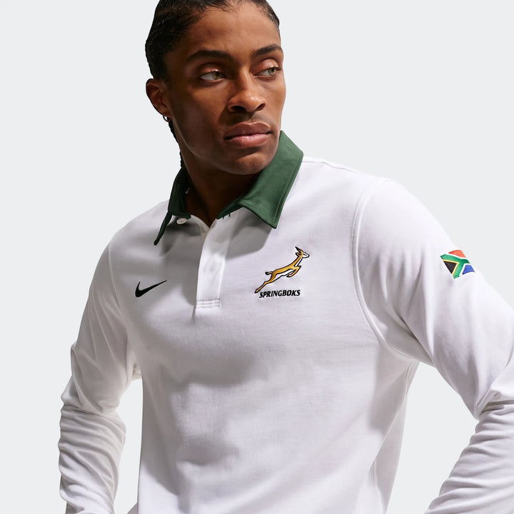 Springboks Away Mens Nike Long Sleeve Rugby Jersey in white with green collar, featuring Springboks logo and South African