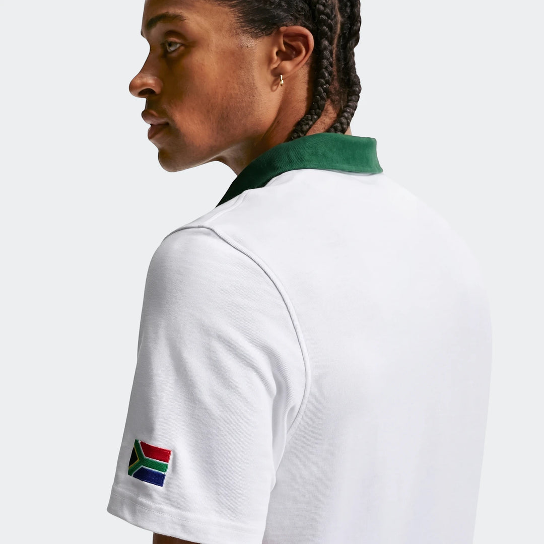 White Springboks Away Men's Nike Rugby Jersey with a green collar, featuring a South African flag patch on the sleeve,