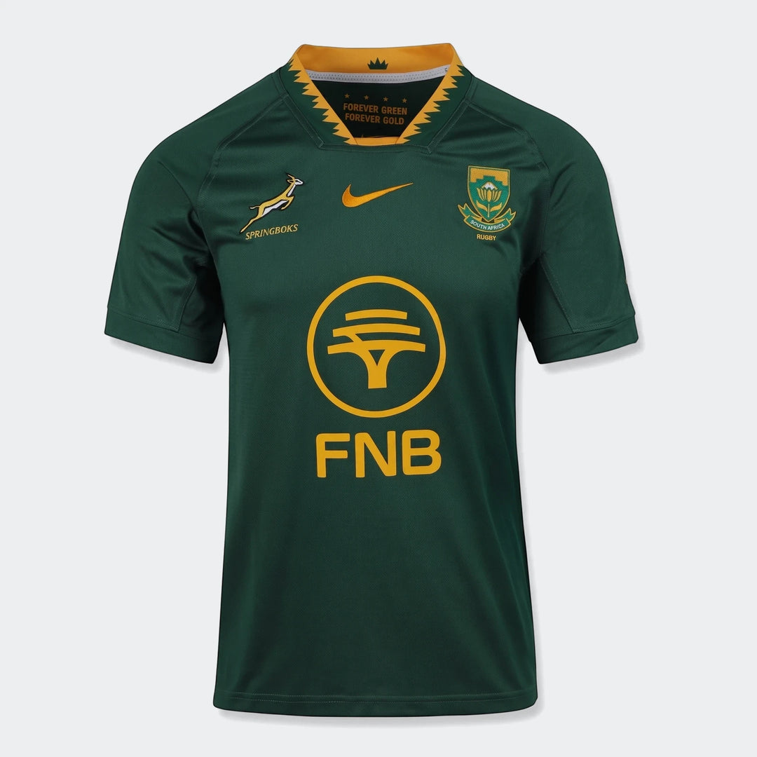 Front view of a dark green Springboks rugby jersey with yellow collar, Springboks, Nike, and FNB logos, laid flat.